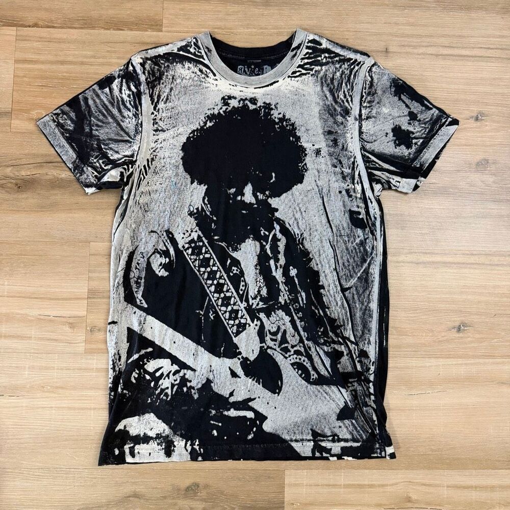 Ave La Men’s Jimi Hendrix AOP Black & White Acid Wash Shirt Size Medium Classic